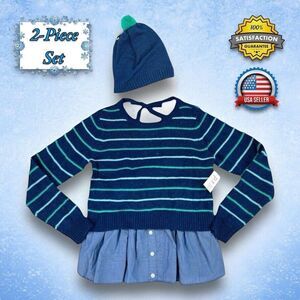 P.S. Aeropostale 2pc Glitter Blue Stripe Shirttail Sweater & Beanie Hat GIRLS 12